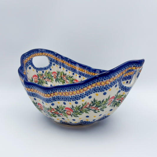 10" Lodka Bowl with Handles.  Hand crafted Polish pottery stoneware:  UNIKAT Mushroom Pattern