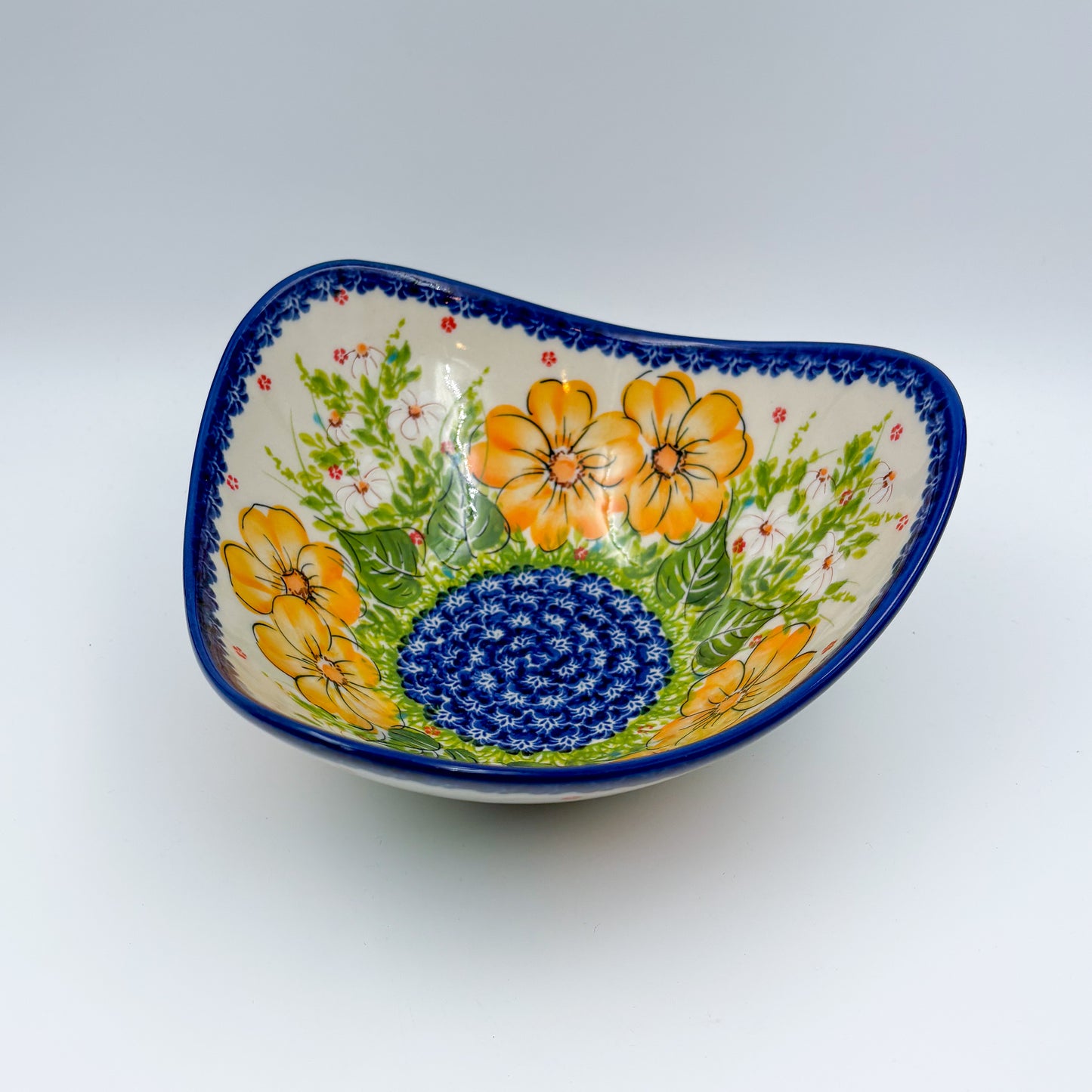 3 Point Bowl.  Hand crafted Polish pottery stoneware:  UNIKAT Orange Poppy Pattern