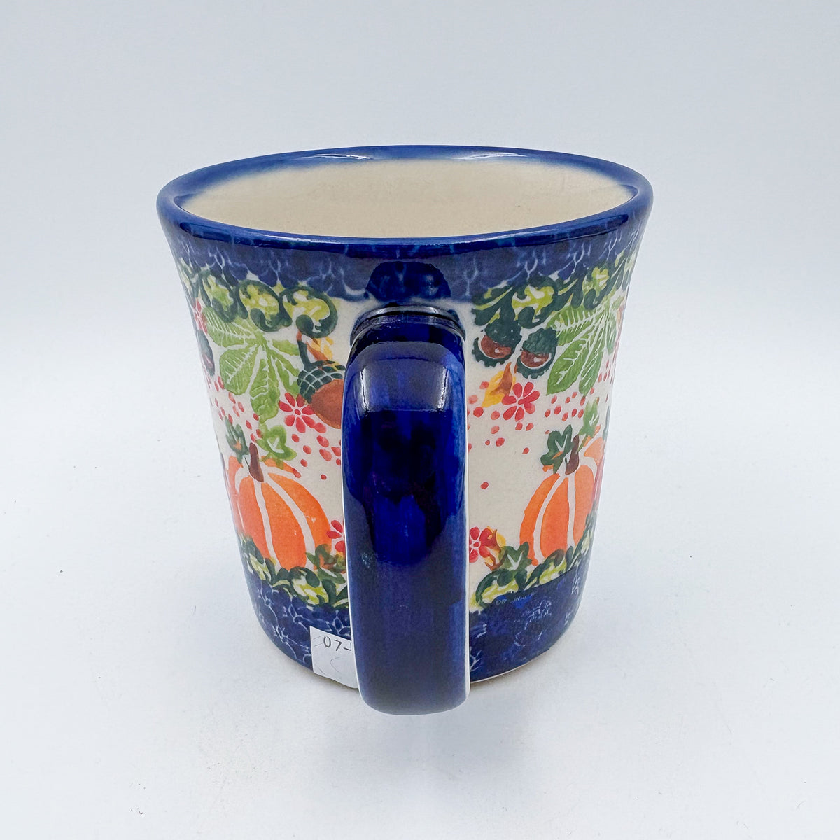 14 oz Jan Mug. Handcrafted Polish pottery stoneware:  UNIKAT Hedgehog and Pumpkins Design