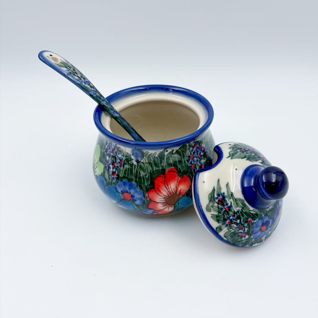 Sugar Jar with spoon.  UNIKAT Forget Me Not Pansy Pattern