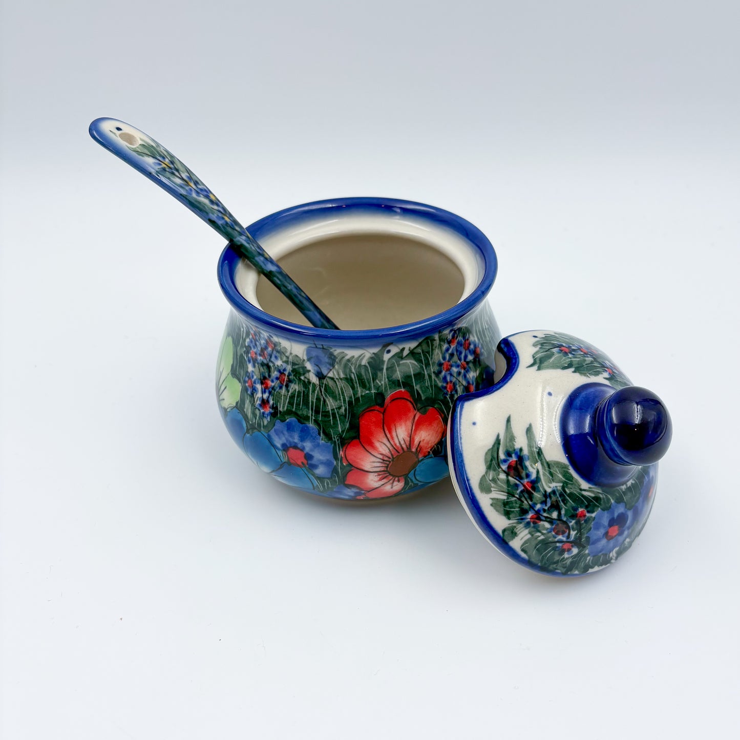 Sugar Bowl and spoon.  UNIKAT Forget Me Knot Pansy Pattern