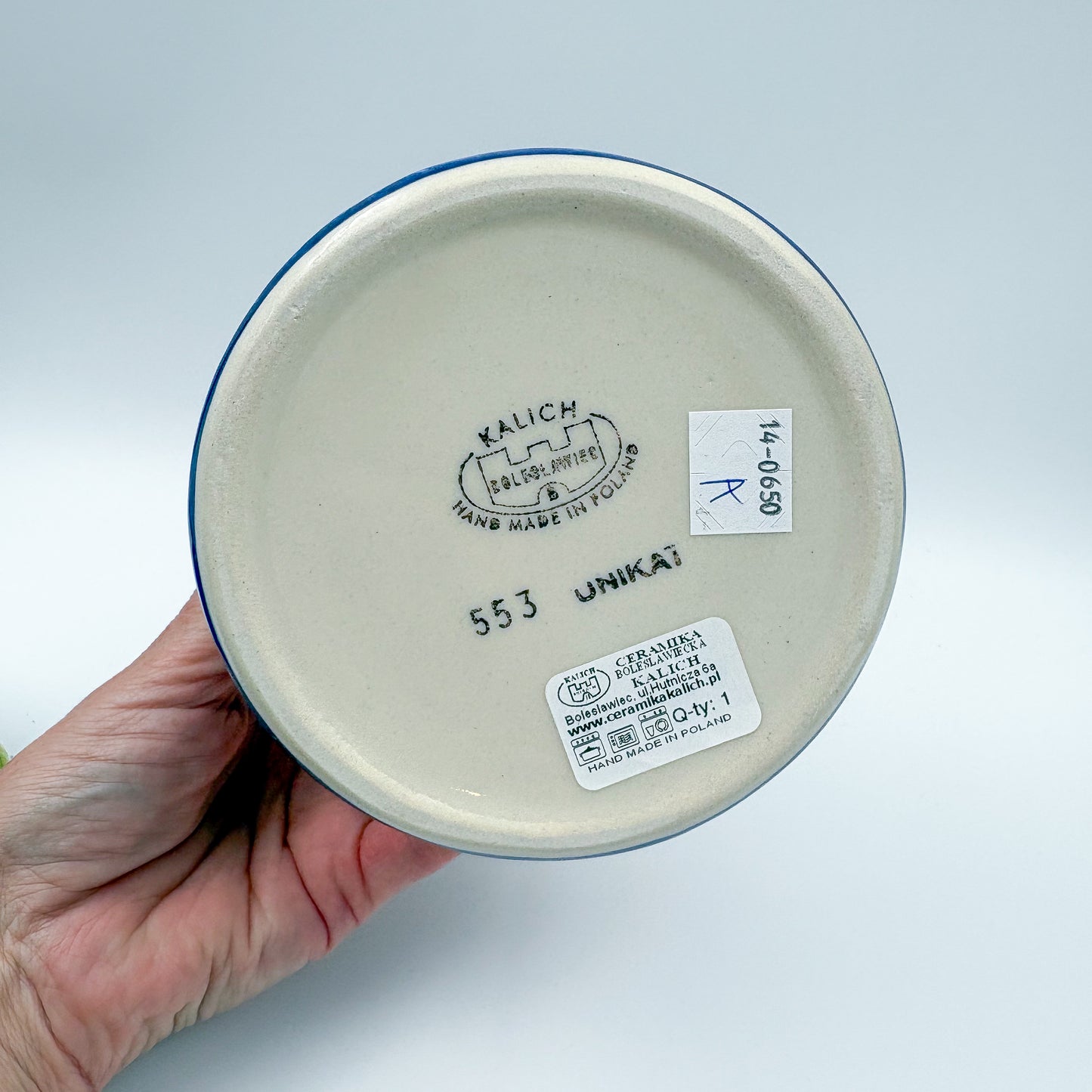 7" Container with Ruffled Lid Large.  Handmade Polish pottery.  UNIKAT Bluebell Meadow Design