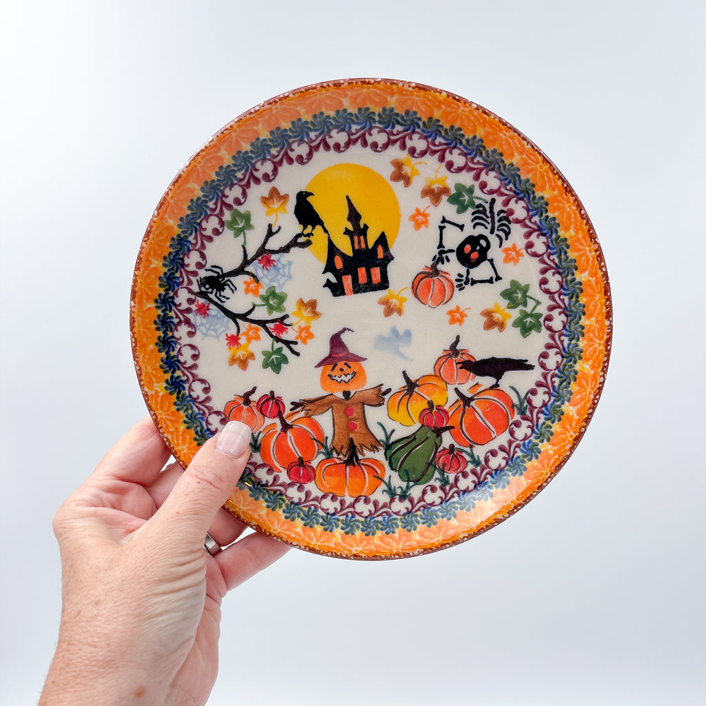 7.75” Plate.  Hand crafted Polish pottery stoneware: UNIKAT Halloween Scarecrow