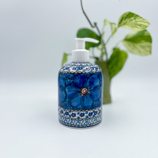 Soap Dispenser 5”.  Handmade Polish pottery.  UNIKAT Cobalt Poppies Design
