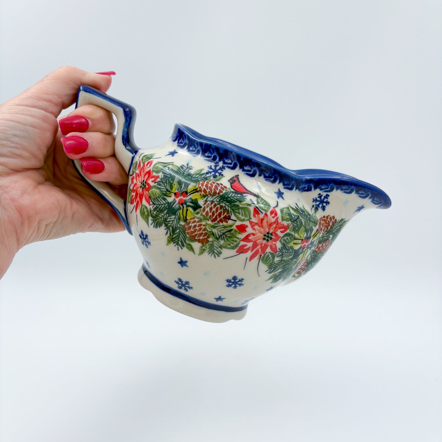 18 oz Loop Handle Gravy Dish.  Hand painted Polish pottery stoneware.  UNIKAT Cardinal Winter