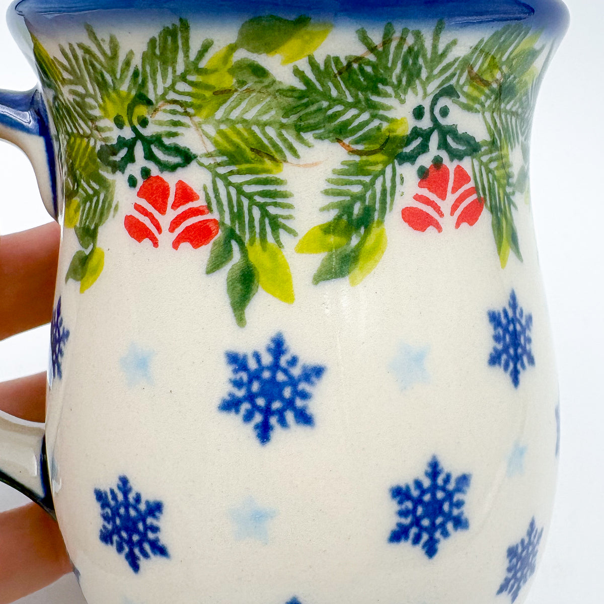 Tulip Mug 10oz. Handcrafted Polish pottery stoneware:  UNIKAT Snowflakes and Holly