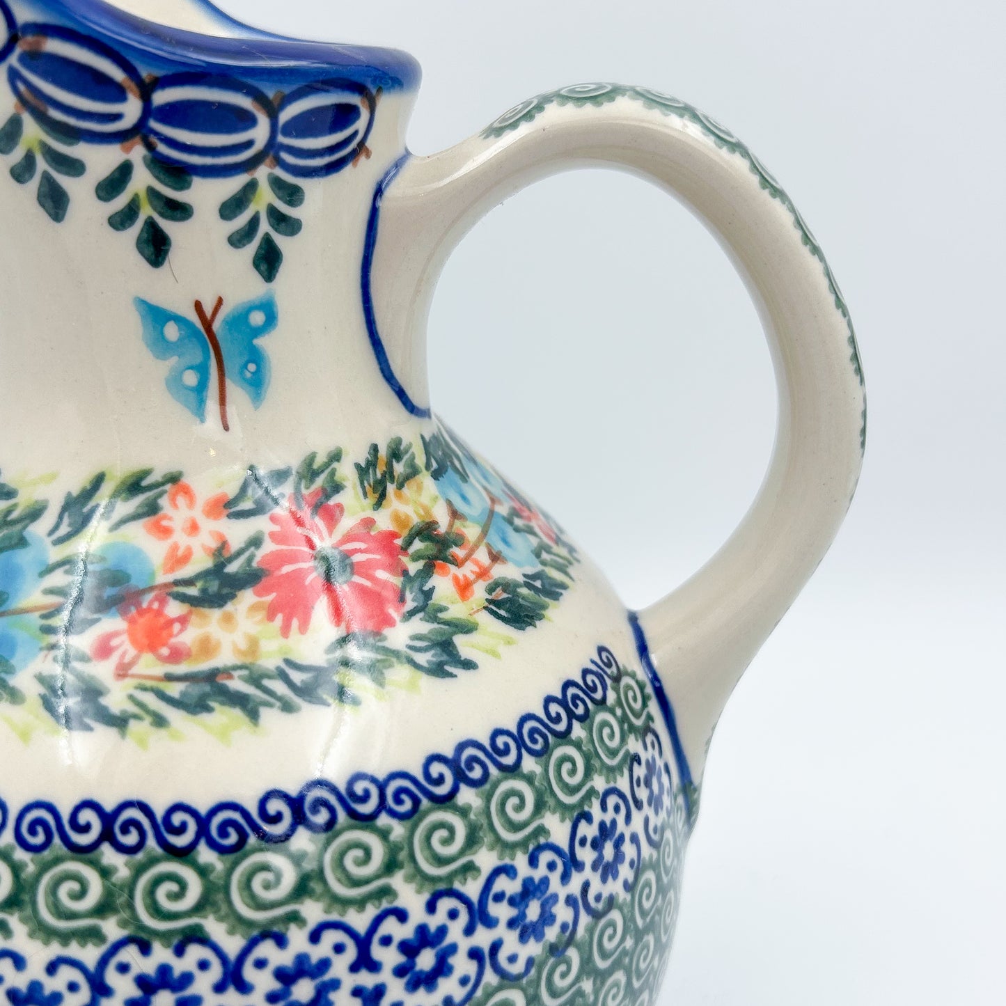 5 cup. Pitcher.  Hand painted Polish pottery stoneware.  UNIKAT Ring of Flowers