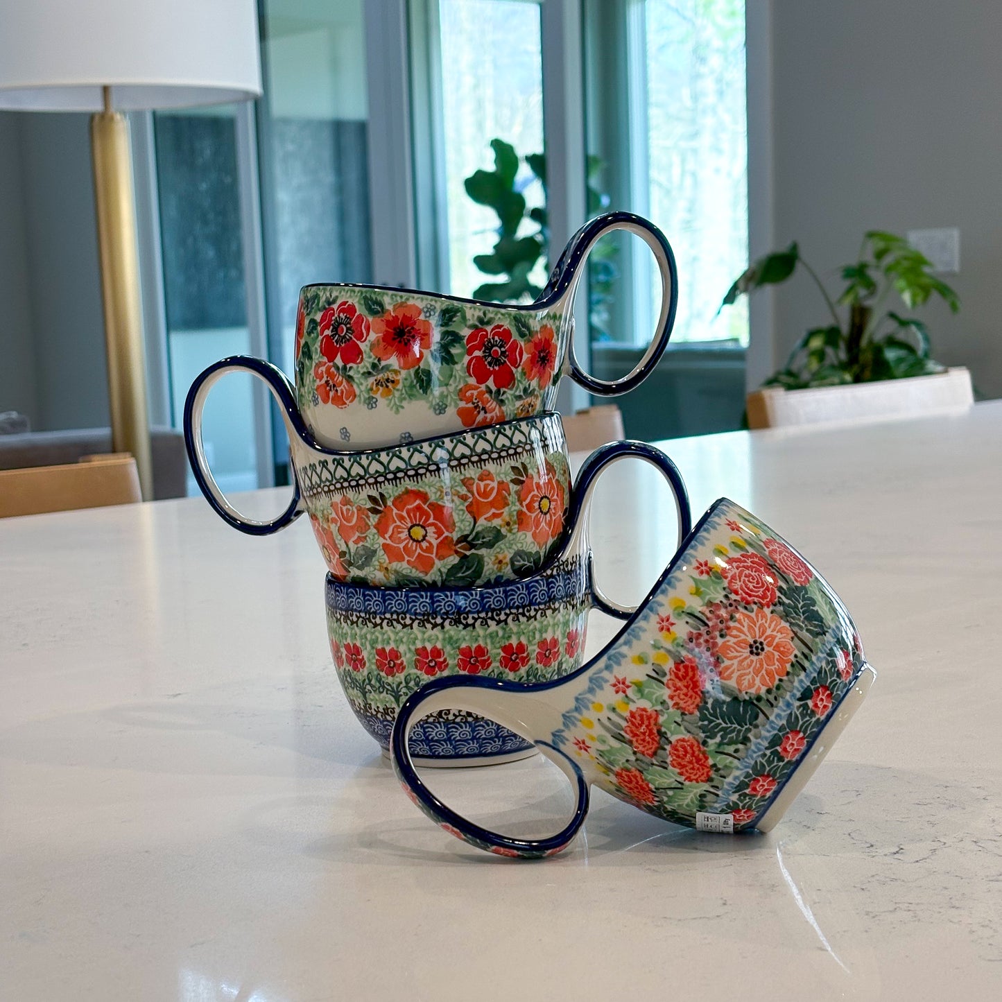 16 oz Bowl with Loop-Handle.  Hand crafted Polish pottery stoneware: UNIKAT Robbin's Meadow