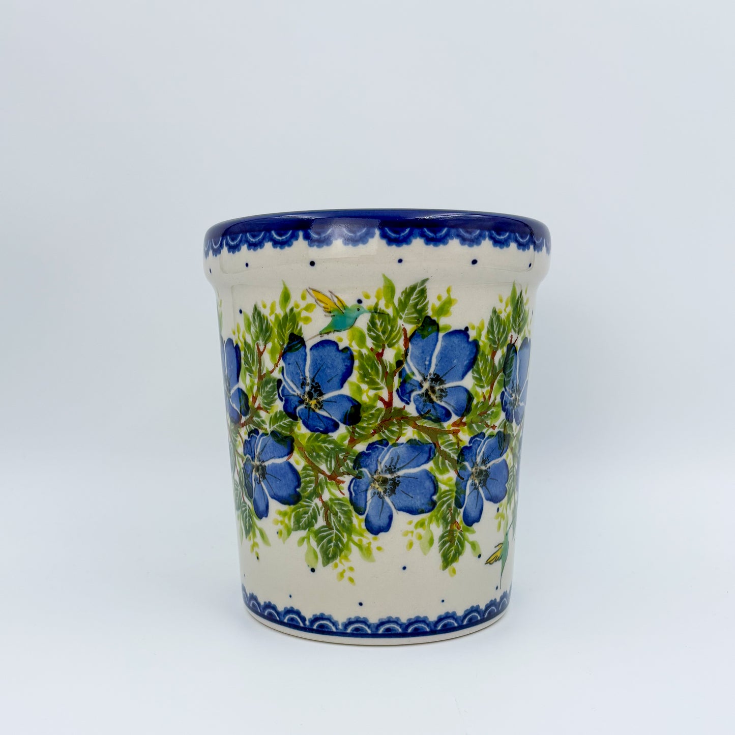 Utensil Jar 5.5”.  Handmade Polish pottery.  UNIKAT Blue Poppy Songbird