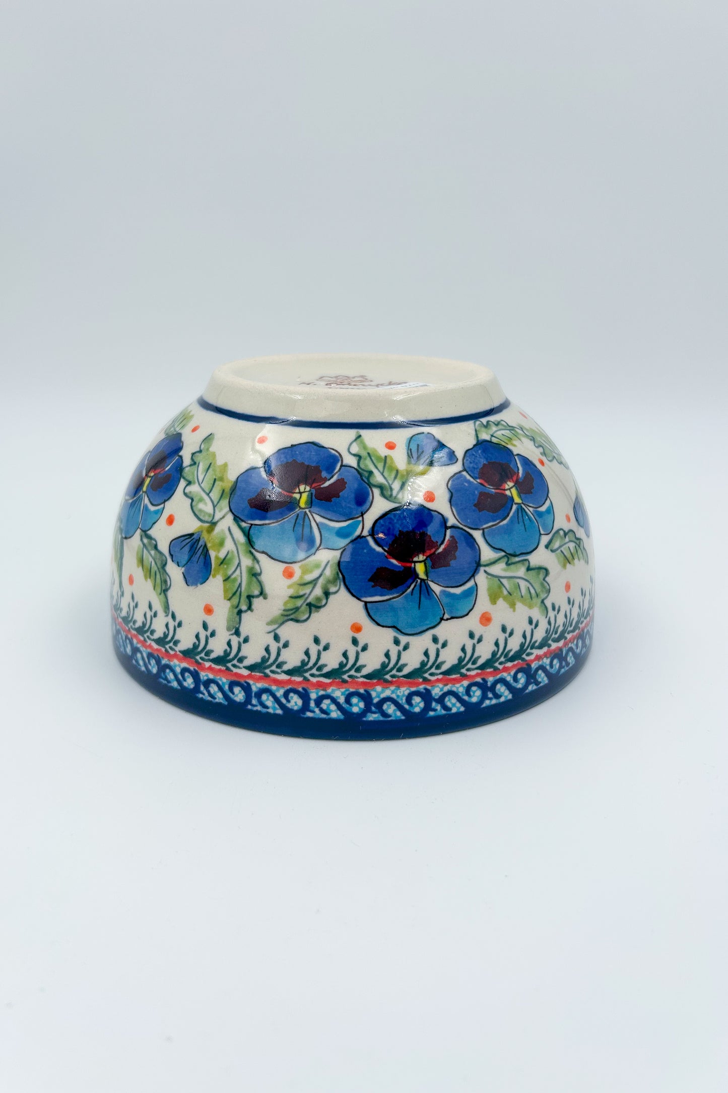 6.25” Deep Bowl.  Hand crafted Polish pottery stoneware:  Pansies In Bloom