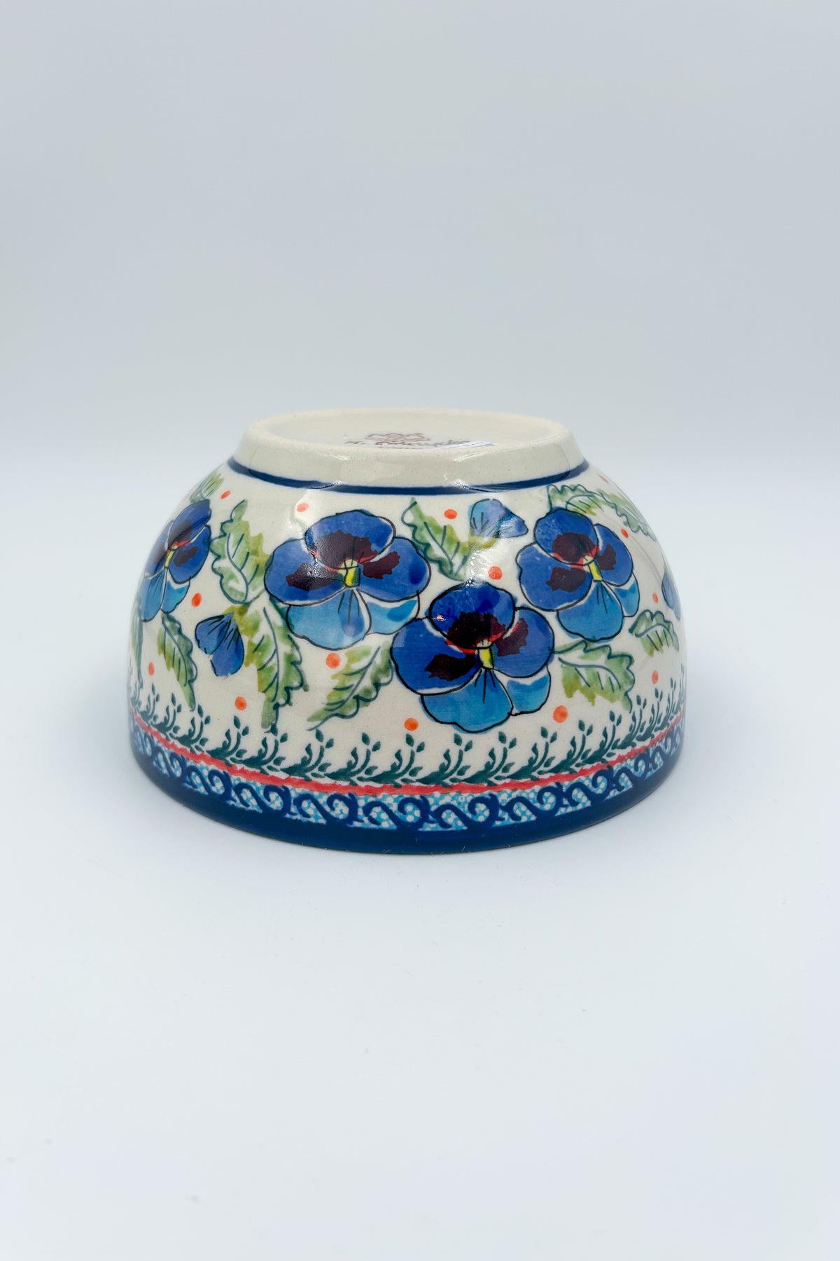 6.25” Deep Bowl.  Hand crafted Polish pottery stoneware:  Pansies In Bloom