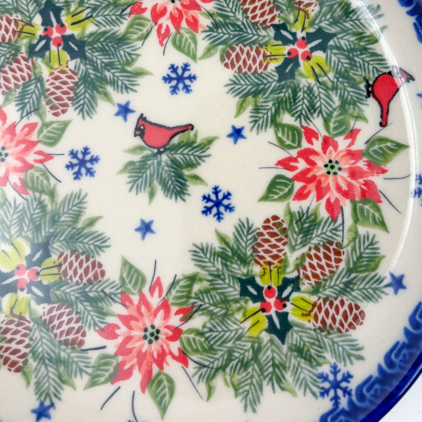 7.5” Plate.  Hand crafted Polish pottery stoneware: UNIKAT Christmas Cardinal