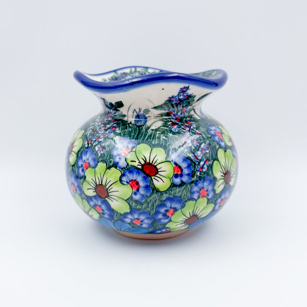 Kula Vase 5.5”.  Handmade Polish pottery.  UNIKAT Forget Me Not Pansy