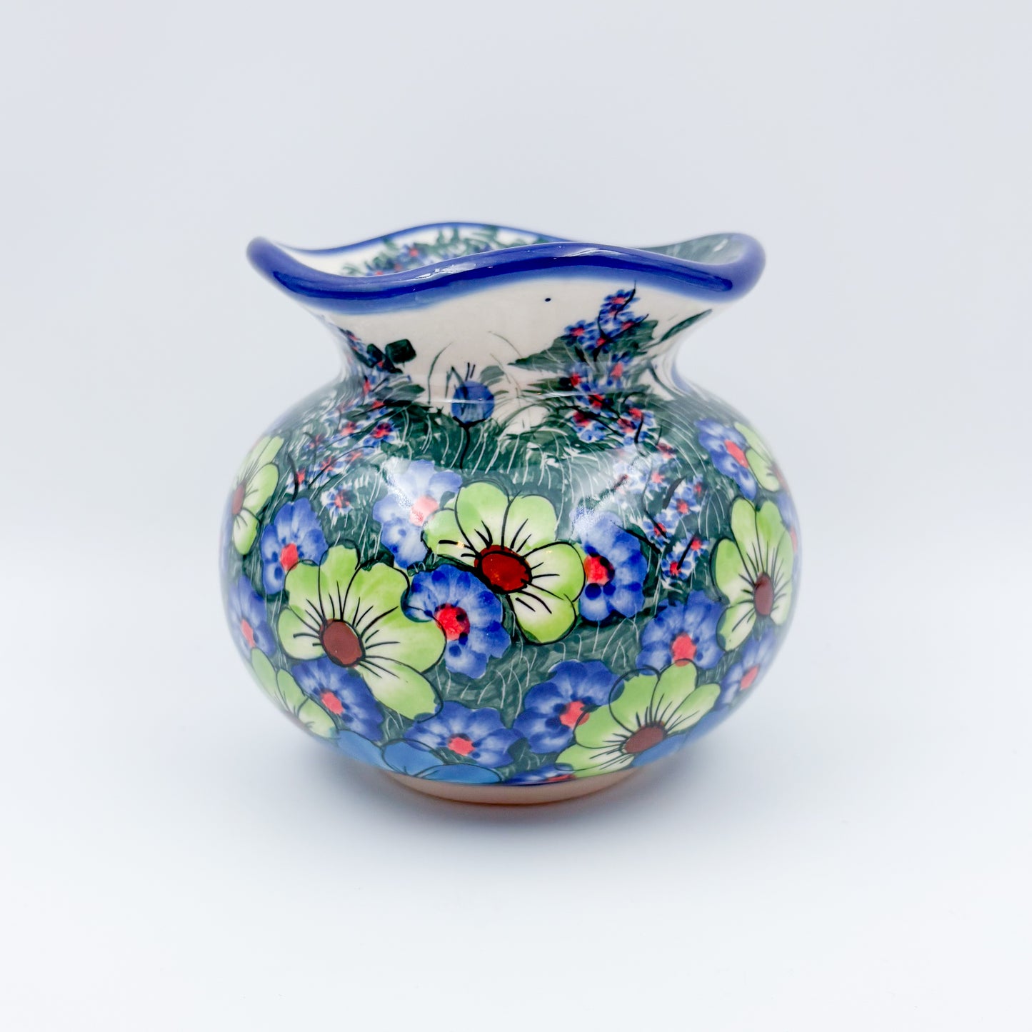 Kula Vase 5.5”.  Handmade Polish pottery.  UNIKAT Forget Me Not Pansy