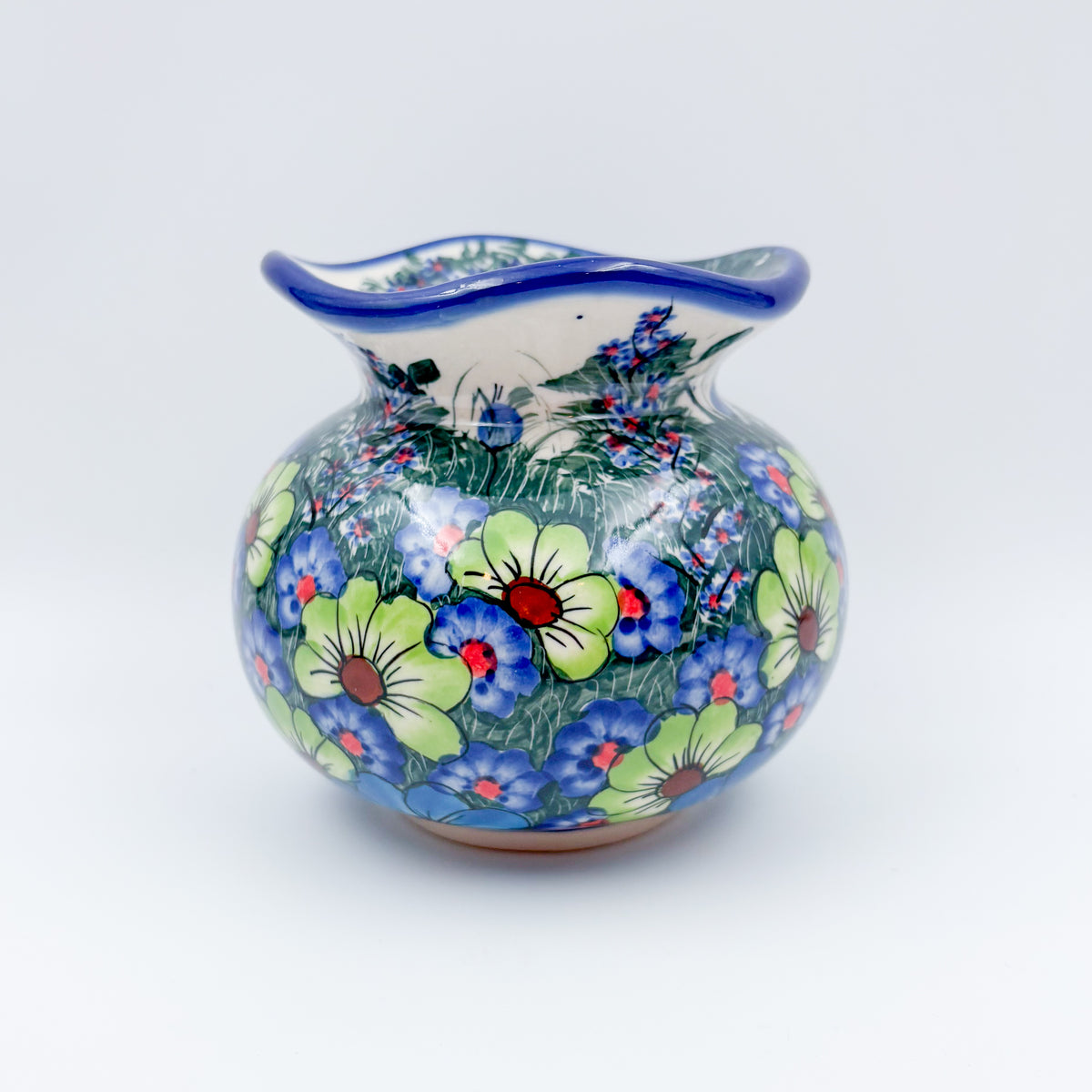 Kula Vase 5.5”.  Handmade Polish pottery.  UNIKAT Forget Me Not Pansy