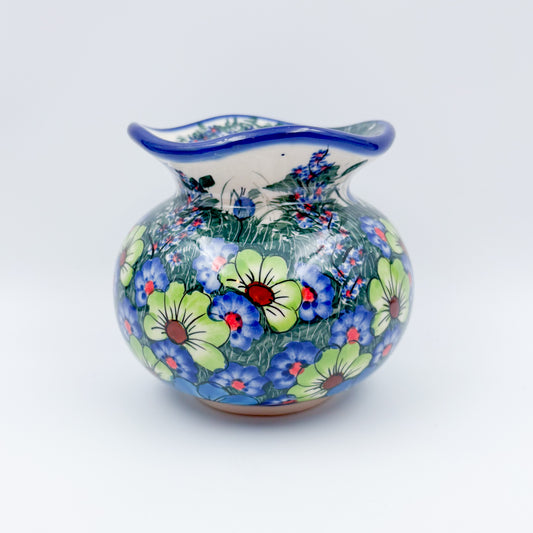 Kula Vase 5.5”.  Handmade Polish pottery.  UNIKAT Forget Me Not Pansy