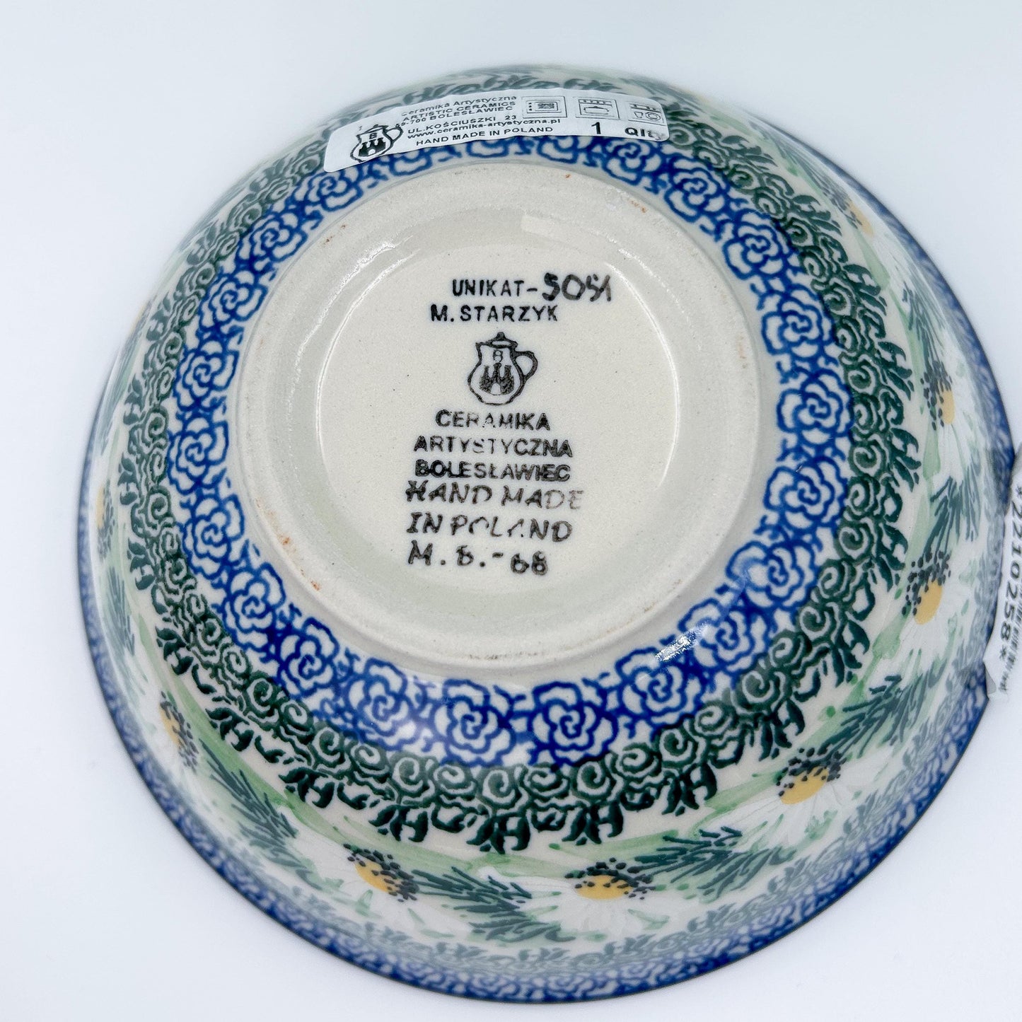 6.57” Stacking Bowl.  Hand crafted Polish pottery stoneware: UNIKAT Polish Daisies Design.