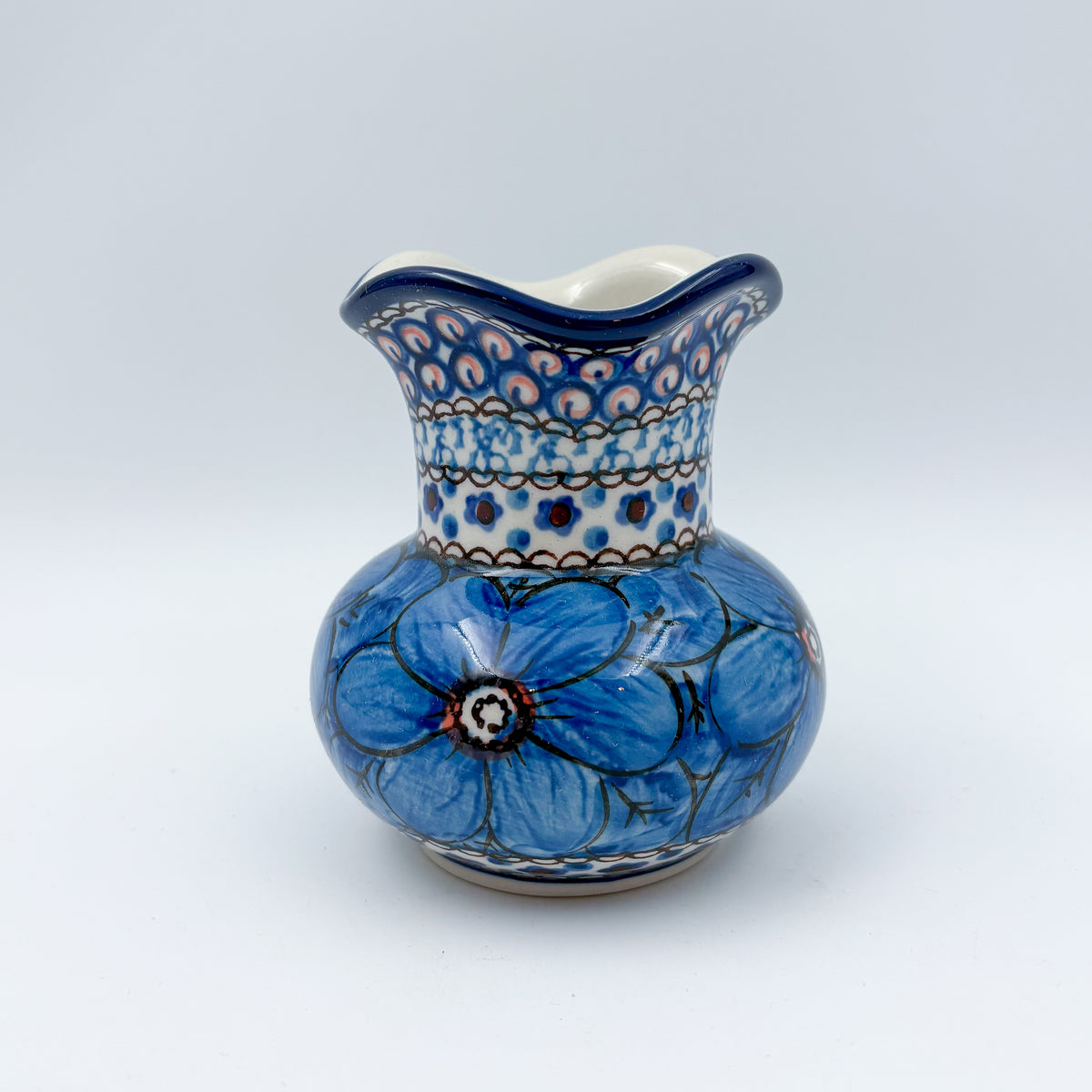 Vase Wavy 4”.  Handmade Polish pottery.  UNIKAT Cobalt Poppies Design