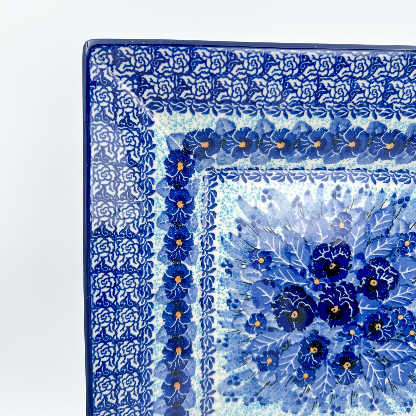 10” Square Plate.  Hand crafted Polish pottery stoneware: UNIKAT Deep Winter Pattern