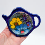 Teabag Holder.  Handmade Teapot Polish pottery.  UNIKAT Forget Me Not Pansy - Style 2