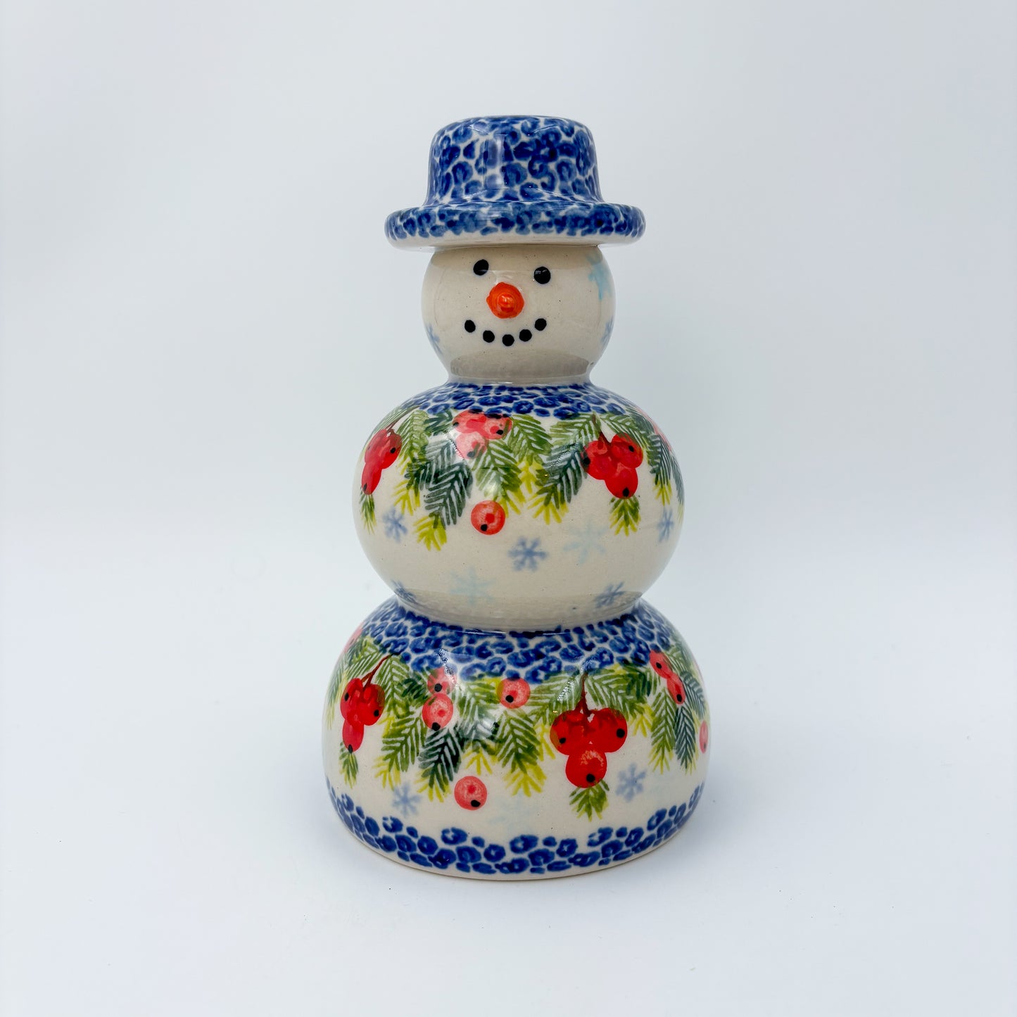 6" Snowman.  Handmade Polish pottery.  UNIKAT Red Berry Design