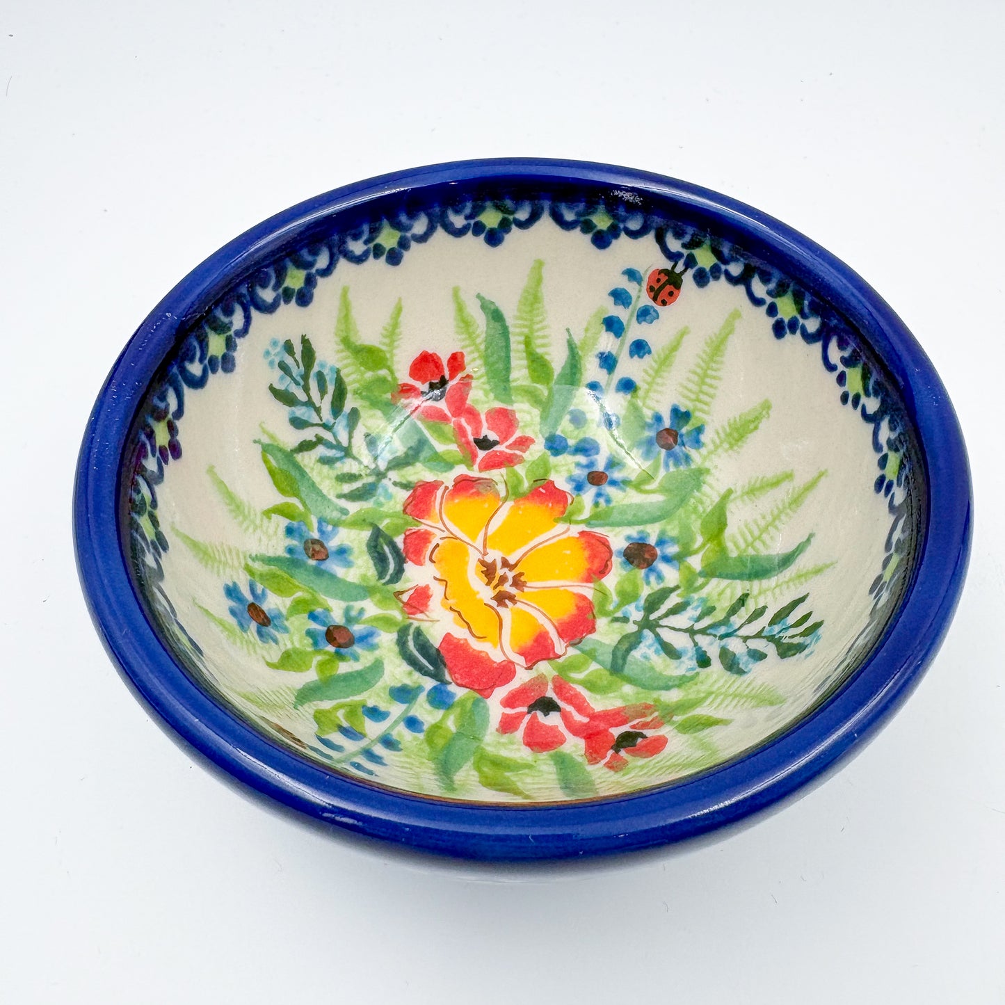 Small Set 3 stacking Bowls.  Hand crafted Polish pottery stoneware:  UNIKAT Ladybug Fields