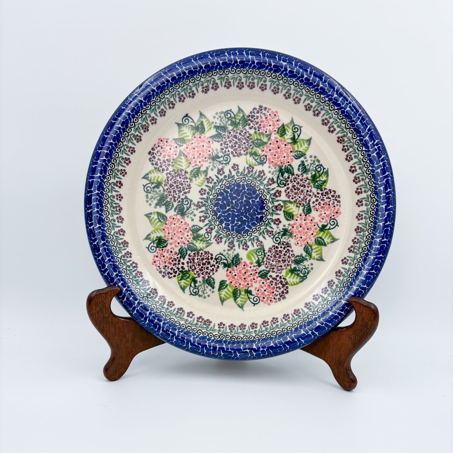 10.35” Plate.  Hand crafted Polish pottery stoneware: UNIKAT Happy Hydrangea
