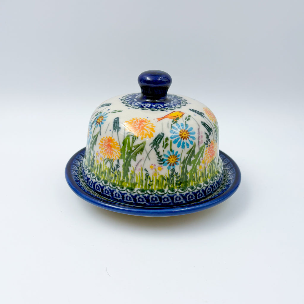Round Butter/Cheese Covered Dish: UNIKAT Songbird Design