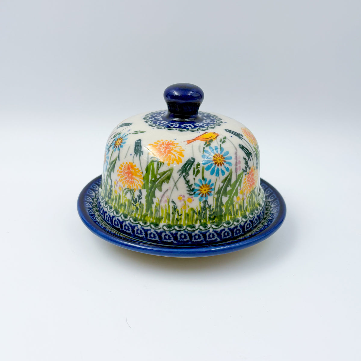 Round Butter/Cheese Covered Dish: UNIKAT Songbird Design
