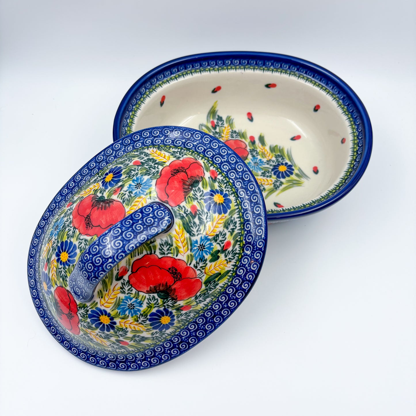 10” Baker Jacek with Lid Handmade in Poland.  UNIKAT Garden Poppy