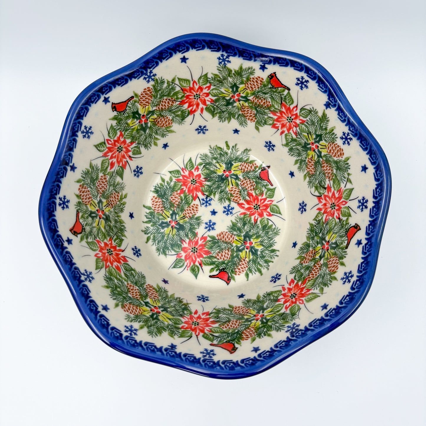 9” Wavy Bowl.  Hand crafted Polish pottery stoneware:  Christmas Cardinals