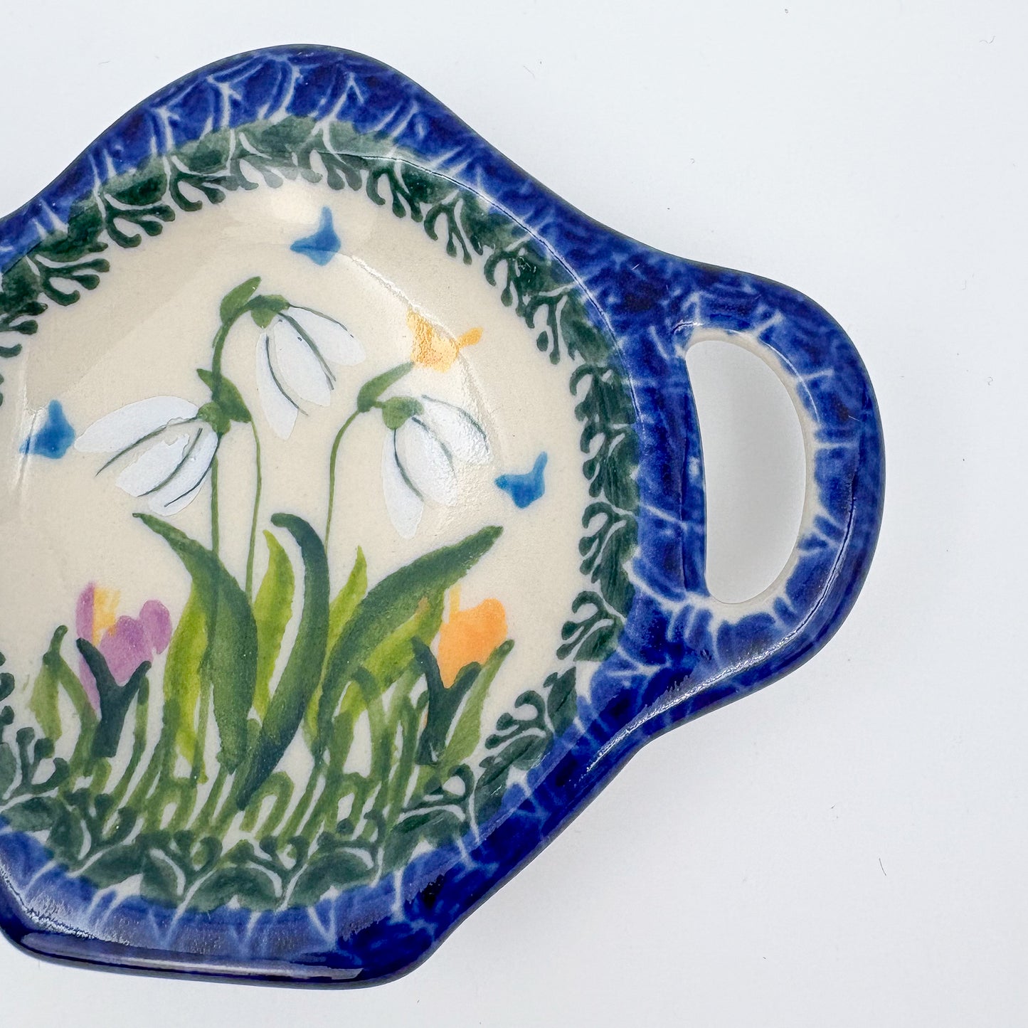Teabag Rest Holder.  Handmade Teapot Polish pottery.  UNIKAT Snowdrop Garden
