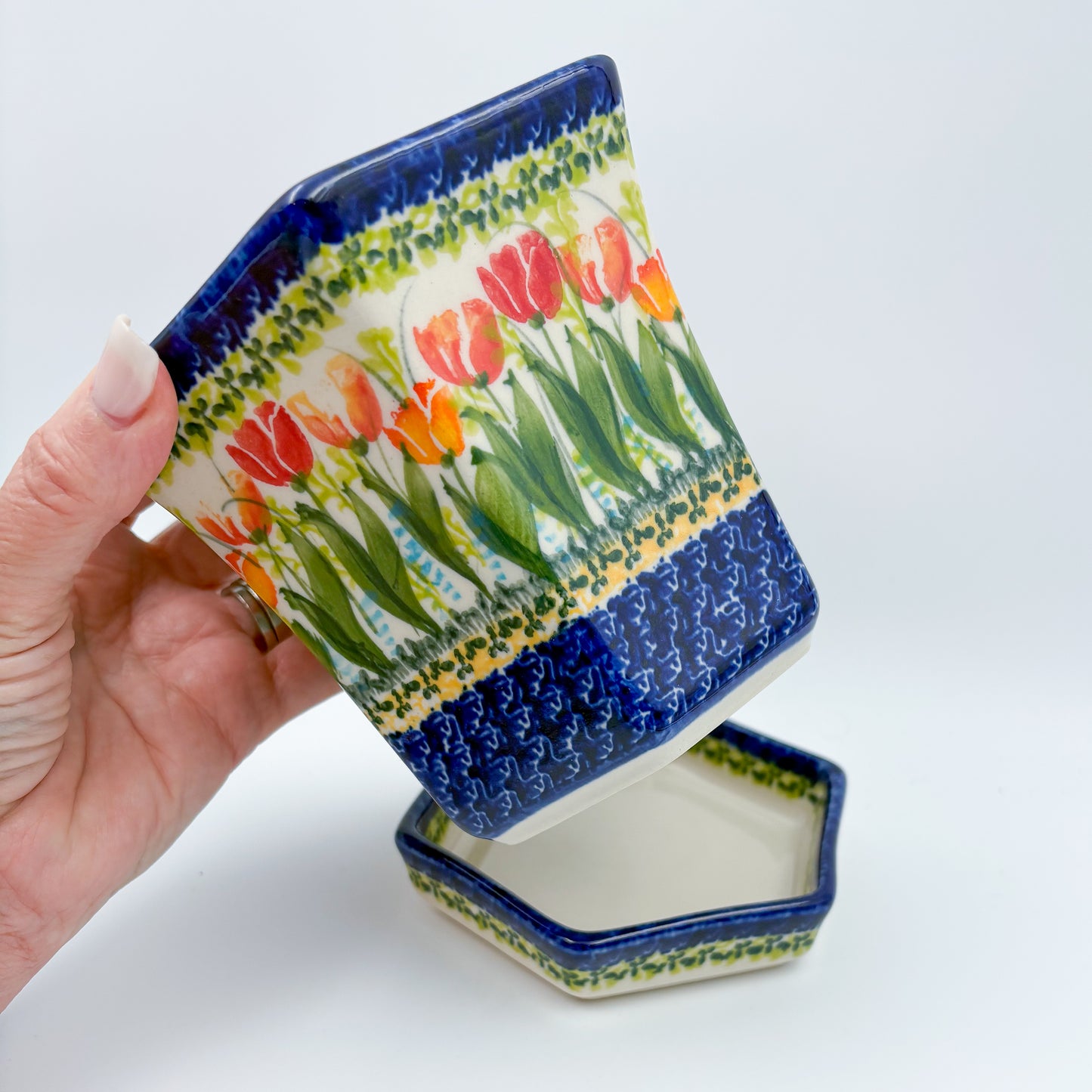 5” Flower Pot.  Handmade Polish pottery.  UNIKAT Tulip Fields