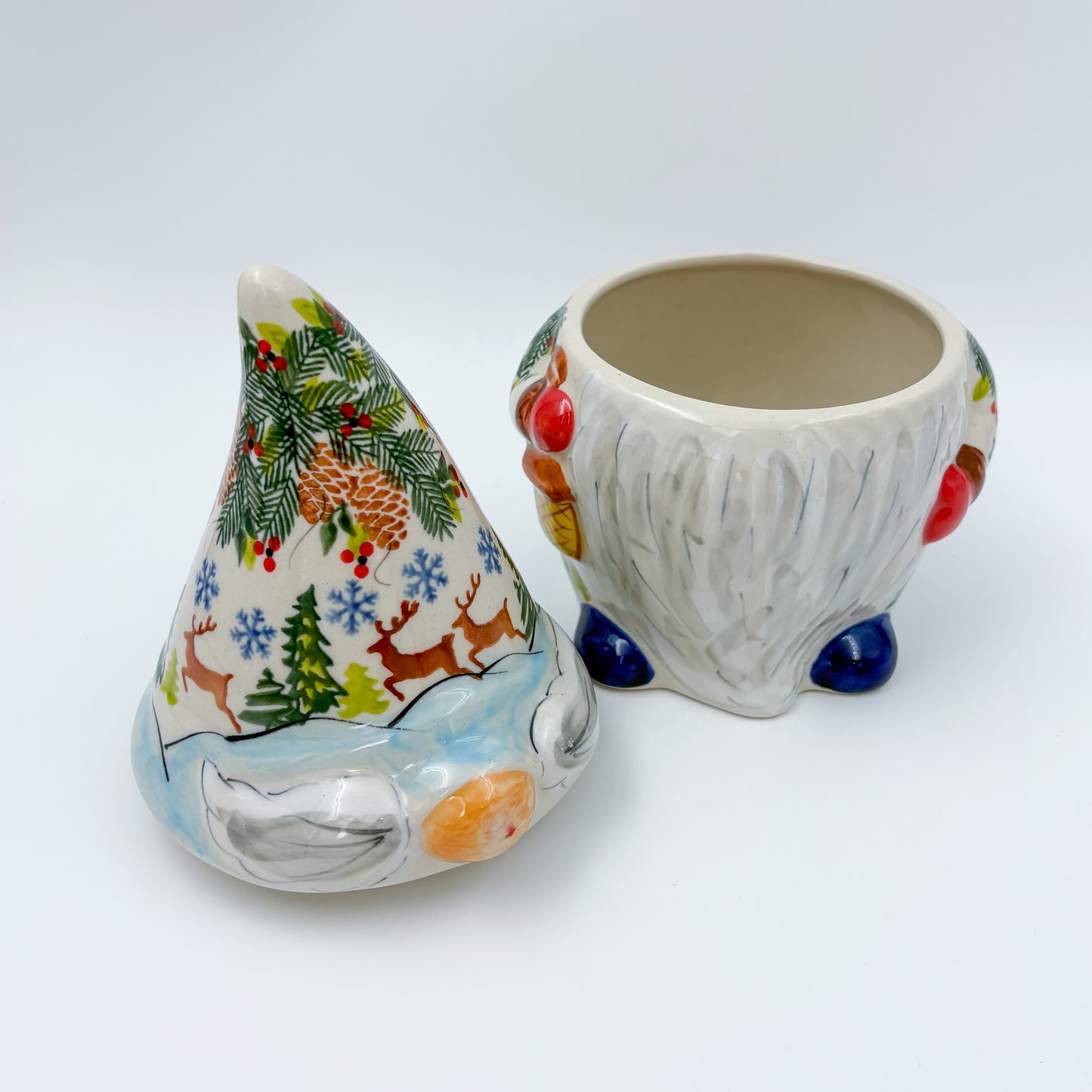 Small Gnome Cookie Jar. Handmade Polish pottery.  UNIKAT Reindeer Bliss