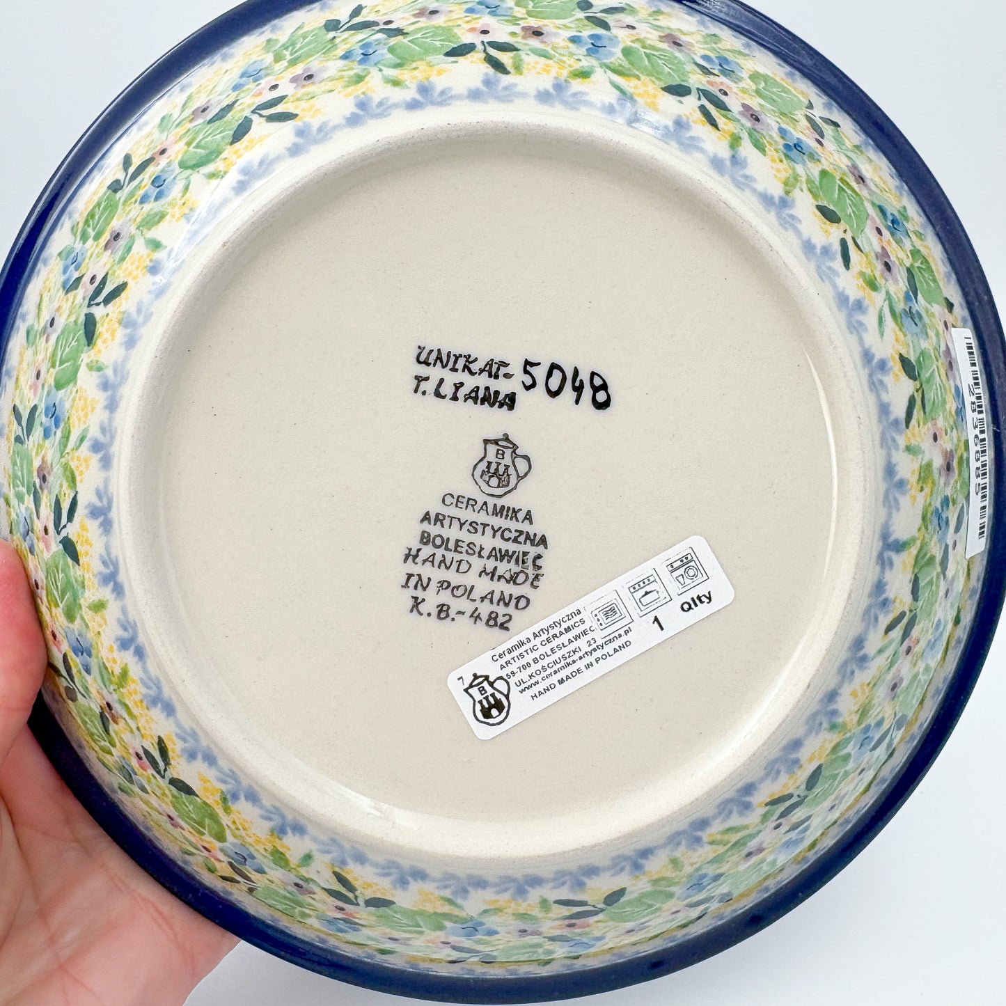 8” Pasta  Bowl.  Hand crafted Polish pottery stoneware: UNIKAT Blue Hydrangea Design