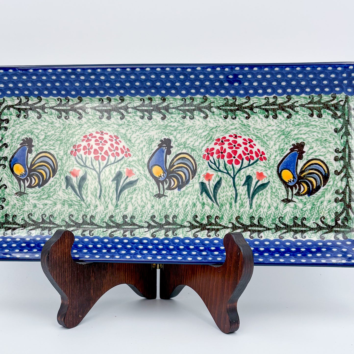13" Platter  Hand crafted Polish pottery stoneware: UNIKAT Rooster Dance Design.