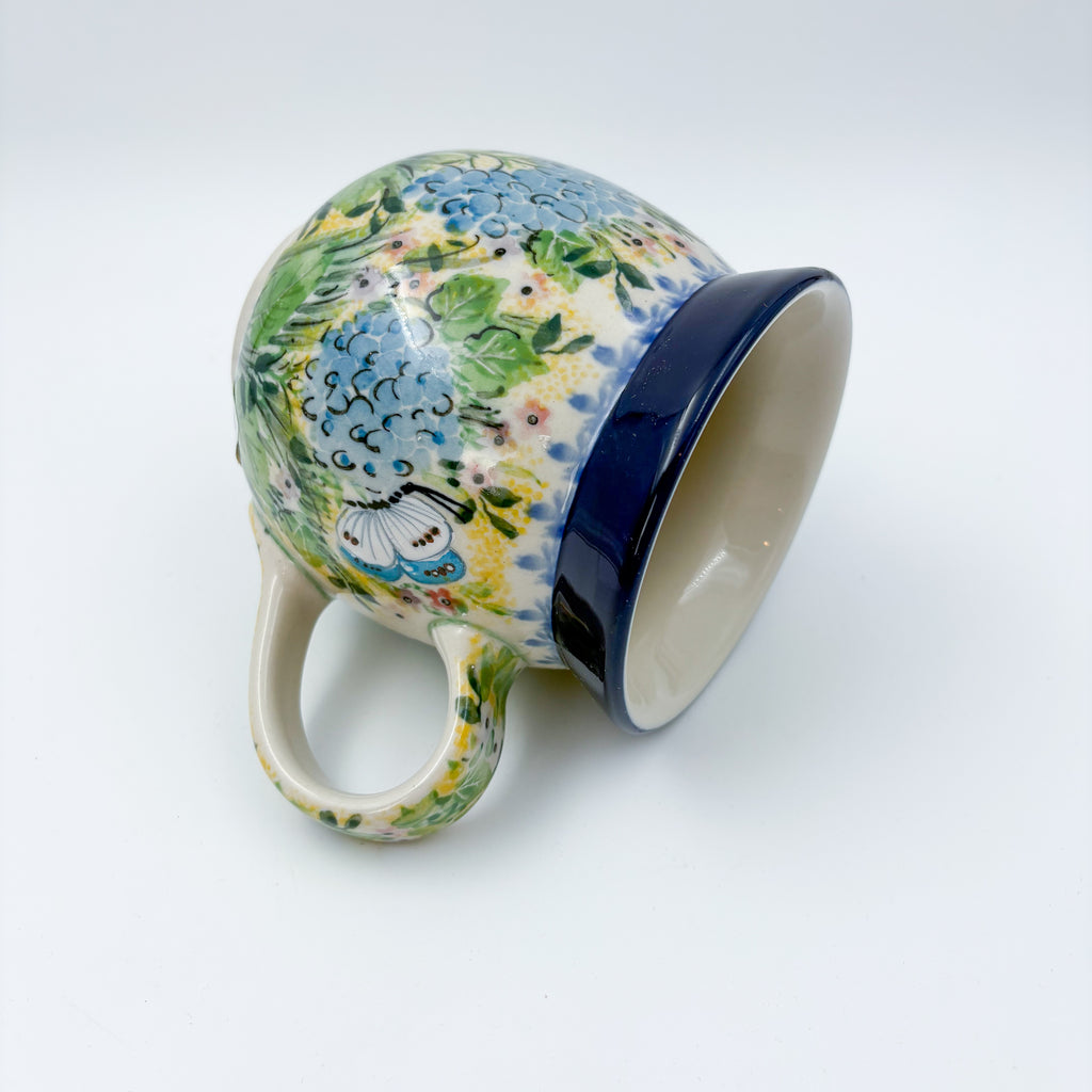 16 oz Bubble Mug. Handcrafted Polish pottery stoneware: UNIKAT Blue Hydrangea Design