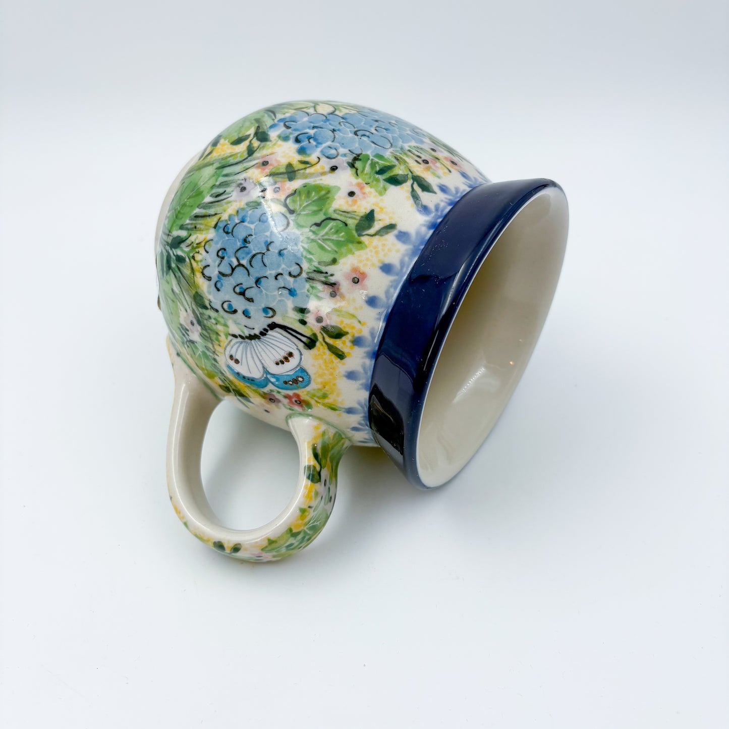16 oz Bubble Mug. Handcrafted Polish pottery stoneware: UNIKAT Blue Hydrangea Design