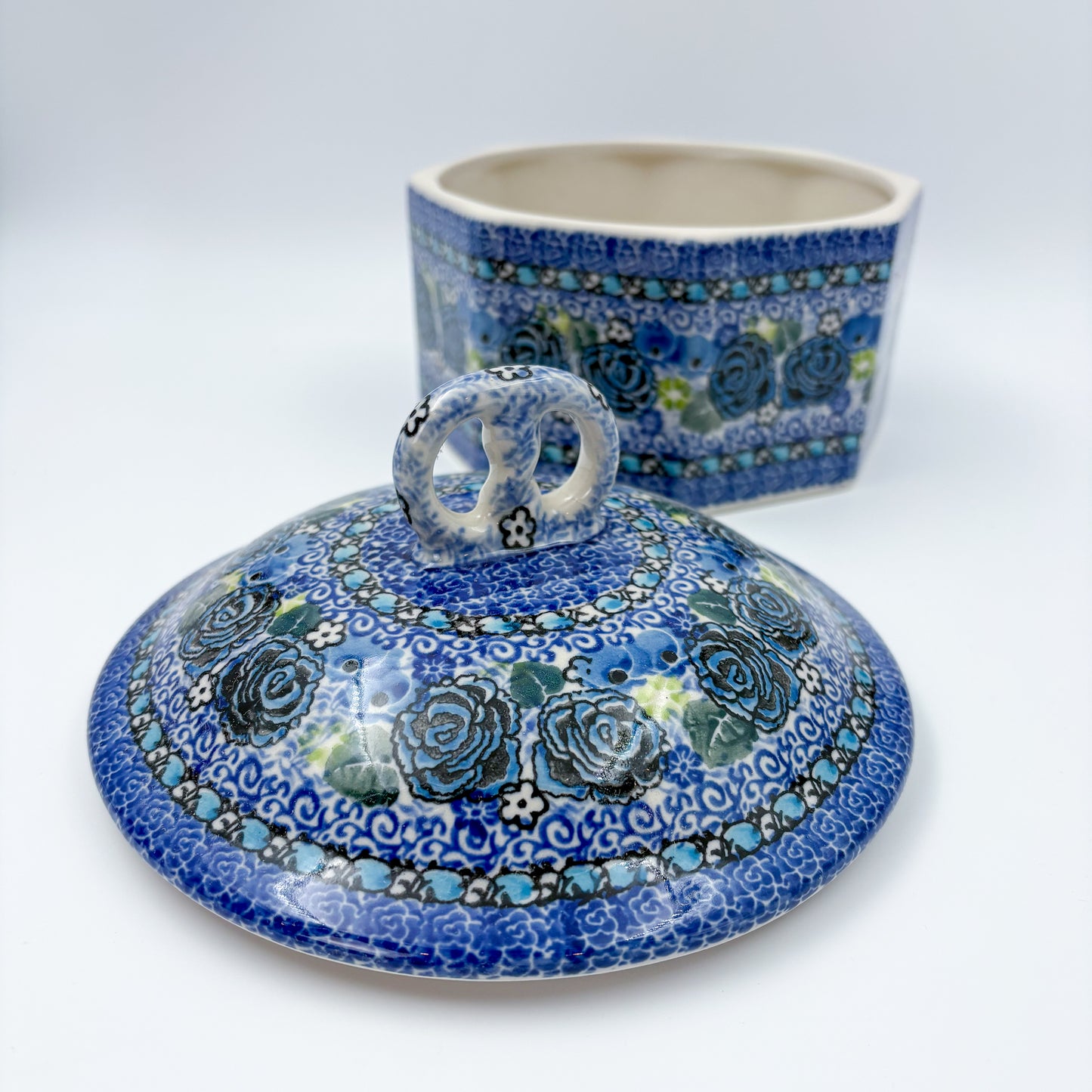 6" Pretzel Jar.  Handmade Polish pottery.  UNIKAT Garden at Midnight Design