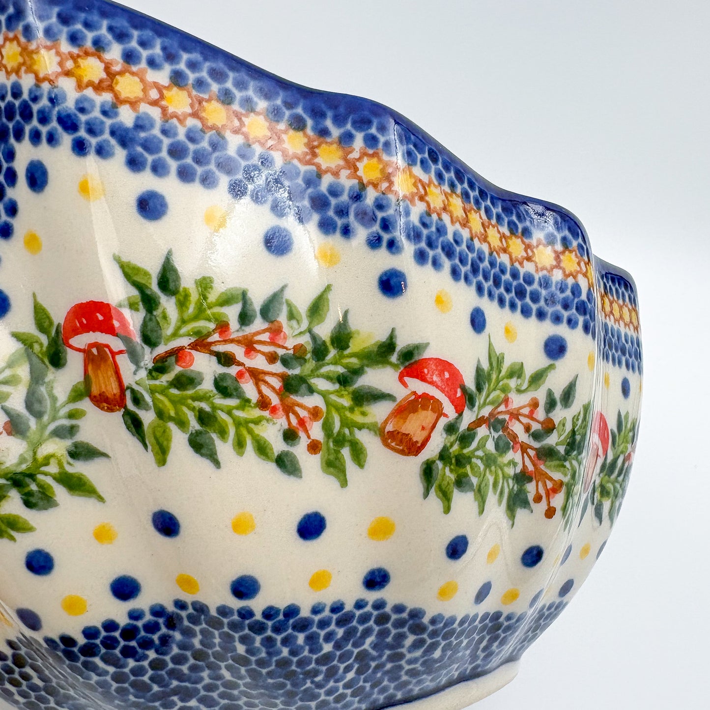 10" Lodka Bowl with Handles.  Hand crafted Polish pottery stoneware:  UNIKAT Mushroom Pattern