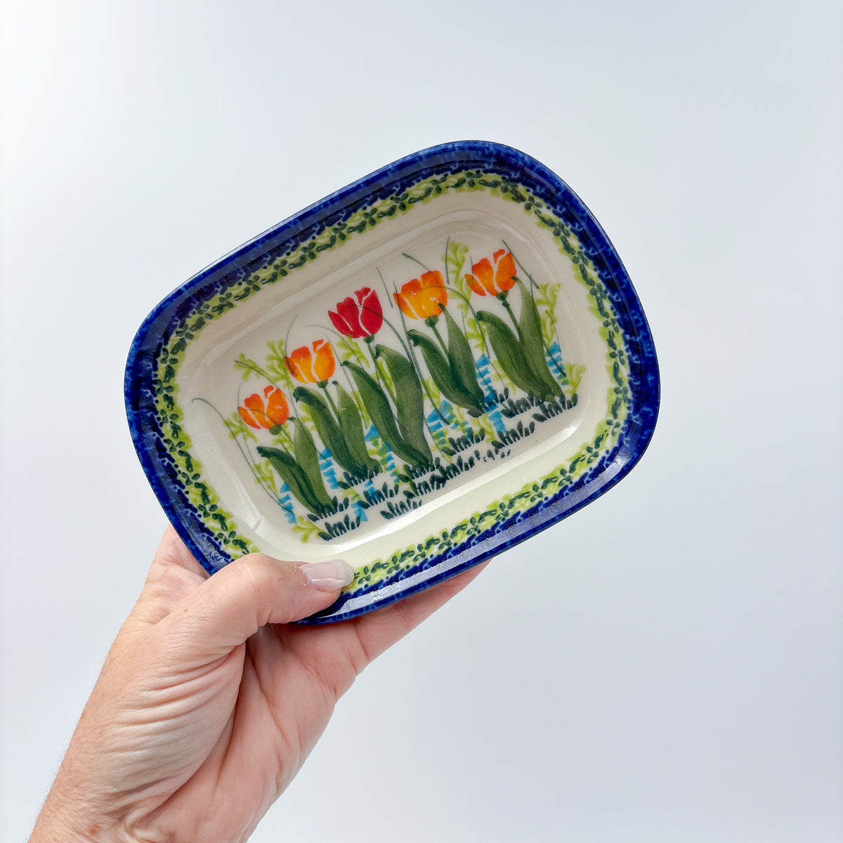 6" Butter Platter.  Handmade Polish pottery.  UNIKAT Tulip Fields