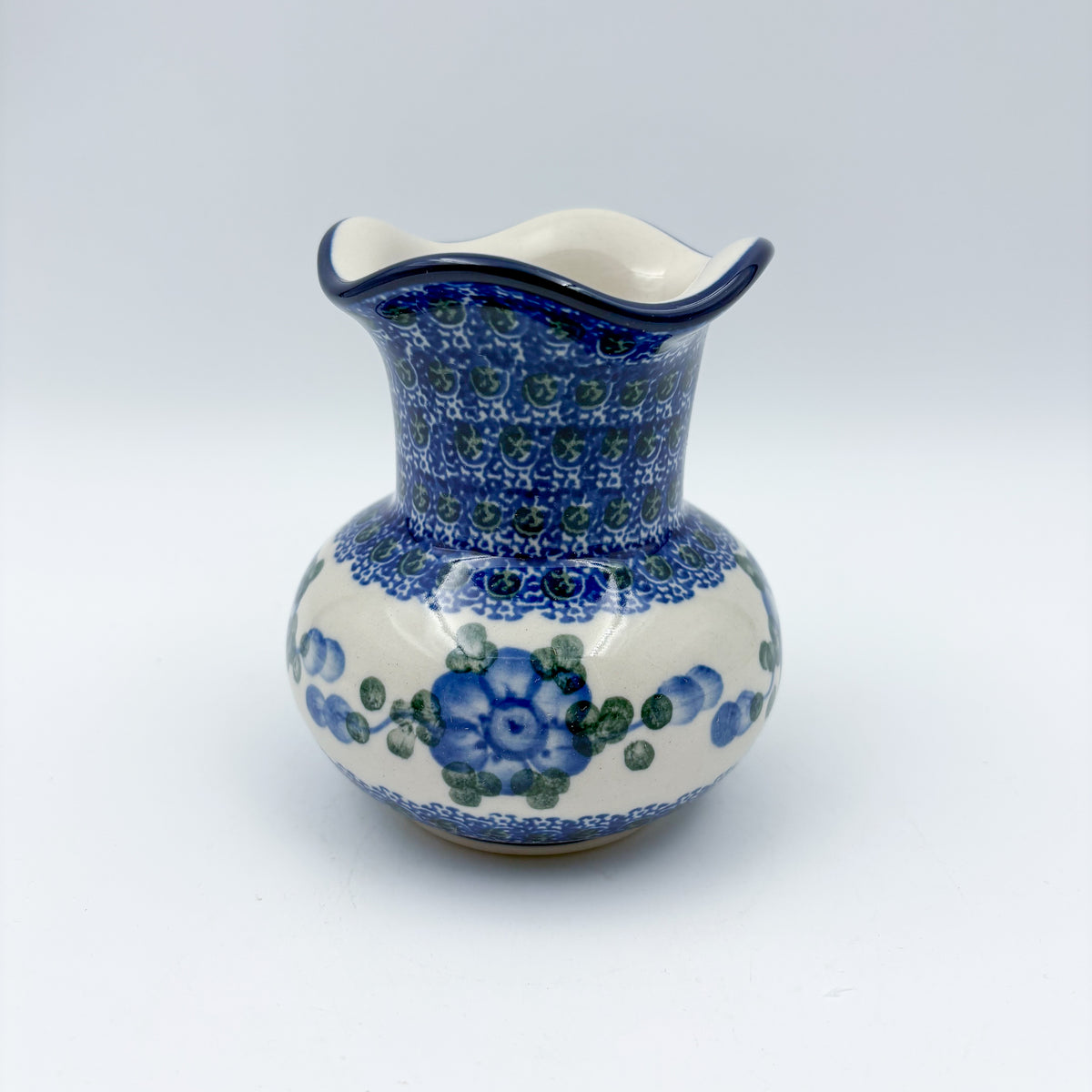 Vase Wavy 4”.  Handmade Polish pottery.  Blue Poppies