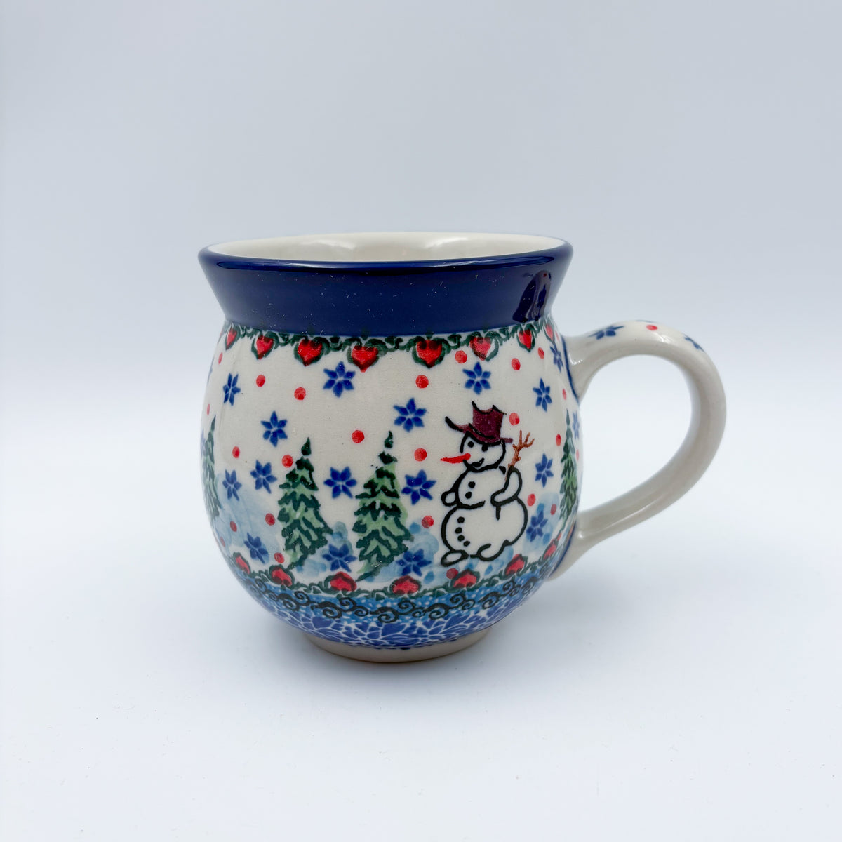 Snowman Stroll bubble mug on white background, angled front view