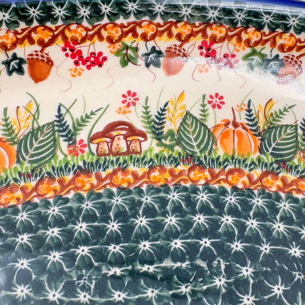 14.5" Oval Platter.  Hand crafted Polish pottery stoneware: UNIKAT Hedgehog and Pumpkins