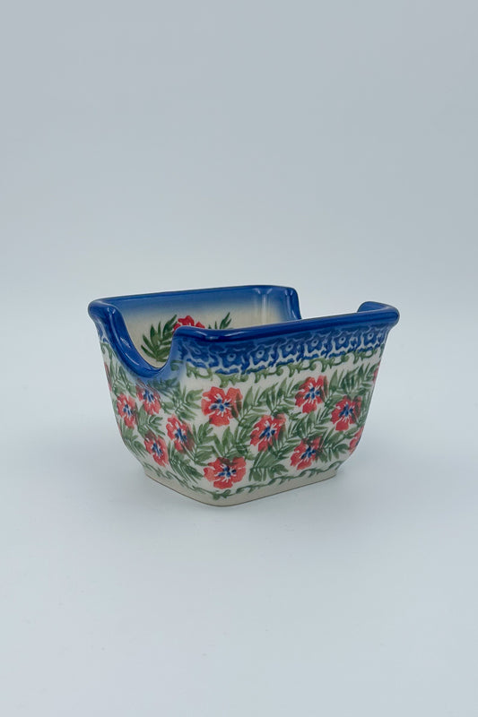 Polish pottery hand made  3” rectangular sugar packet holder in Happiness Pattern.
Ceramika Bona Company