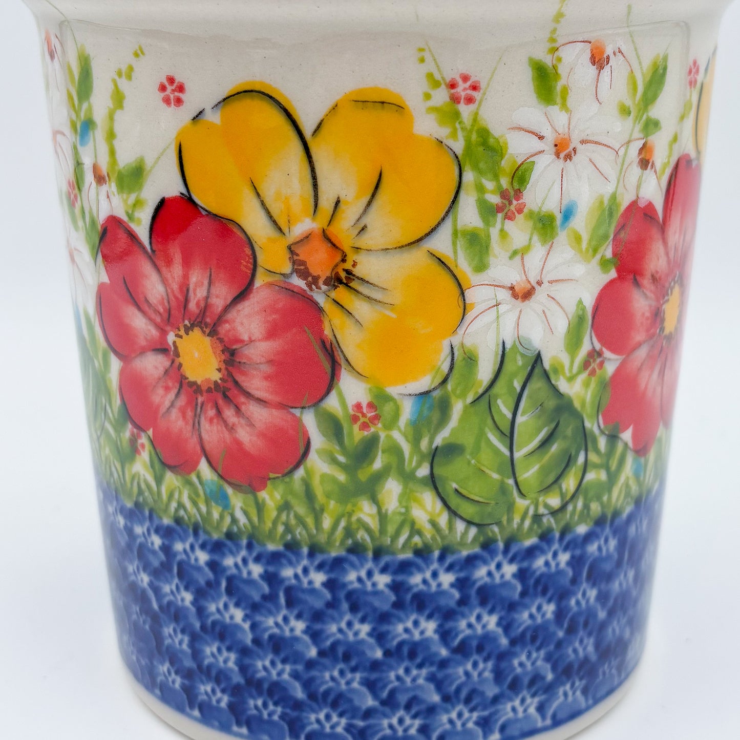 Utensil Jar 5.5”.  Handmade Polish pottery.  UNIKAT Yellow and Red Pansy Pattern
