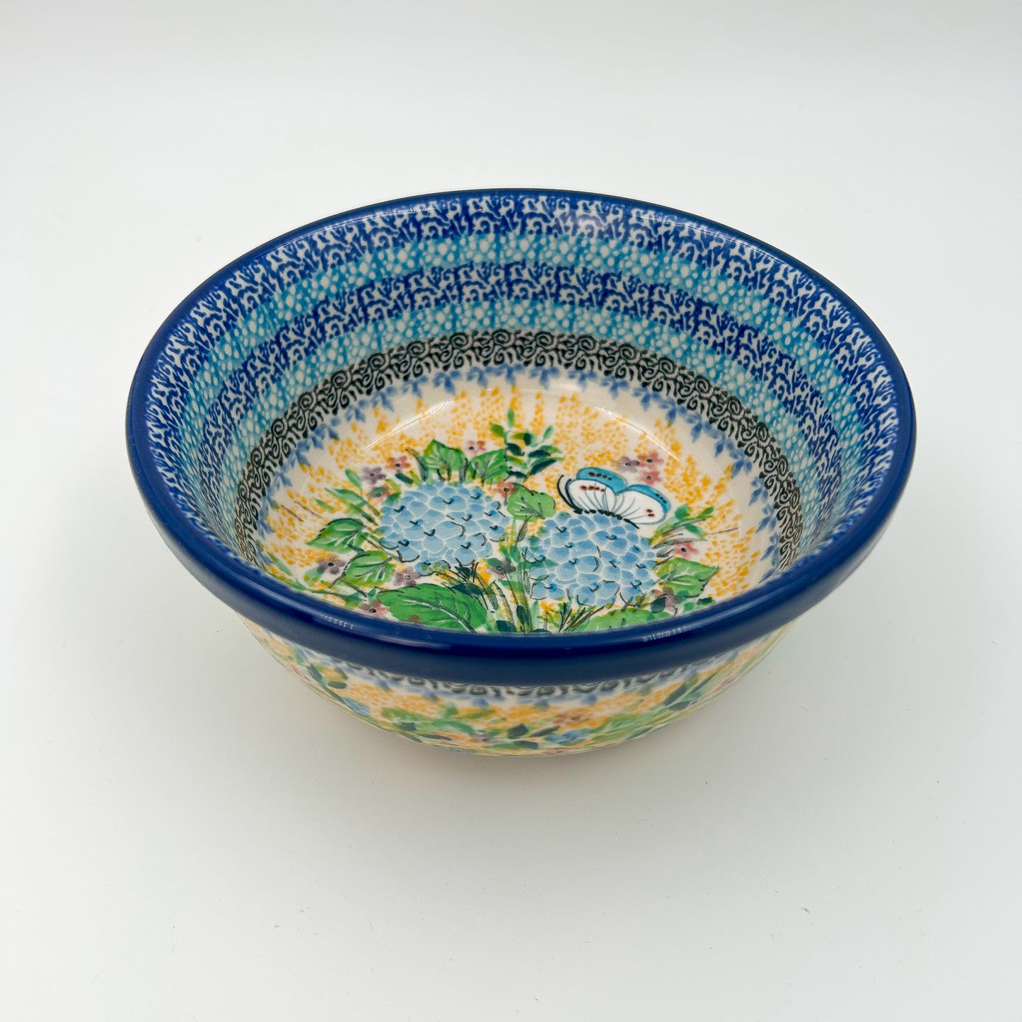 6.57” Stacking Bowl.  Hand crafted Polish pottery stoneware: UNIKAT Blue Hydrangea Pattern
