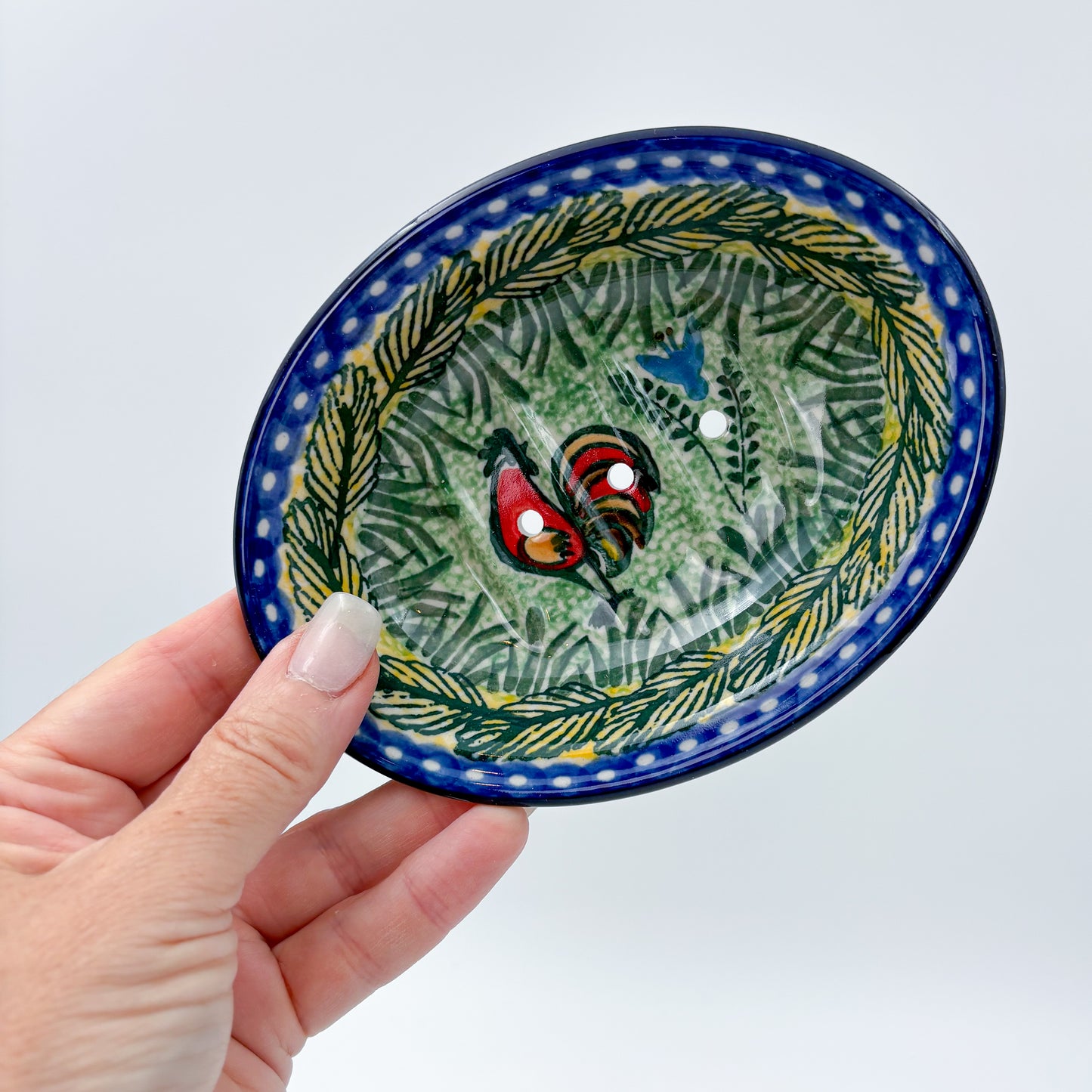 Soap Dish 6”.  Handmade Polish pottery.  UNIKAT Rooster Parade Design