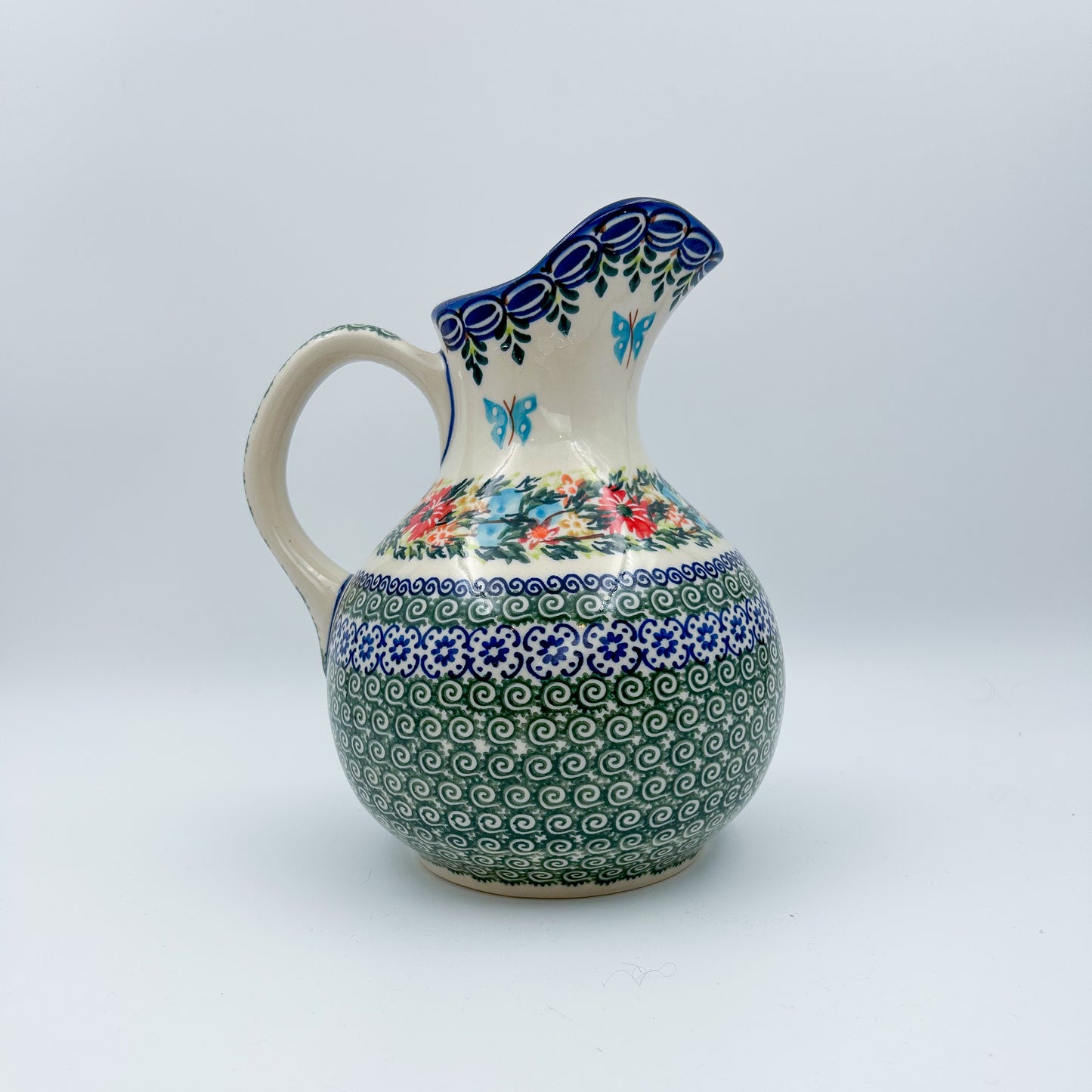 5 cup. Pitcher.  Hand painted Polish pottery stoneware.  UNIKAT Ring of Flowers