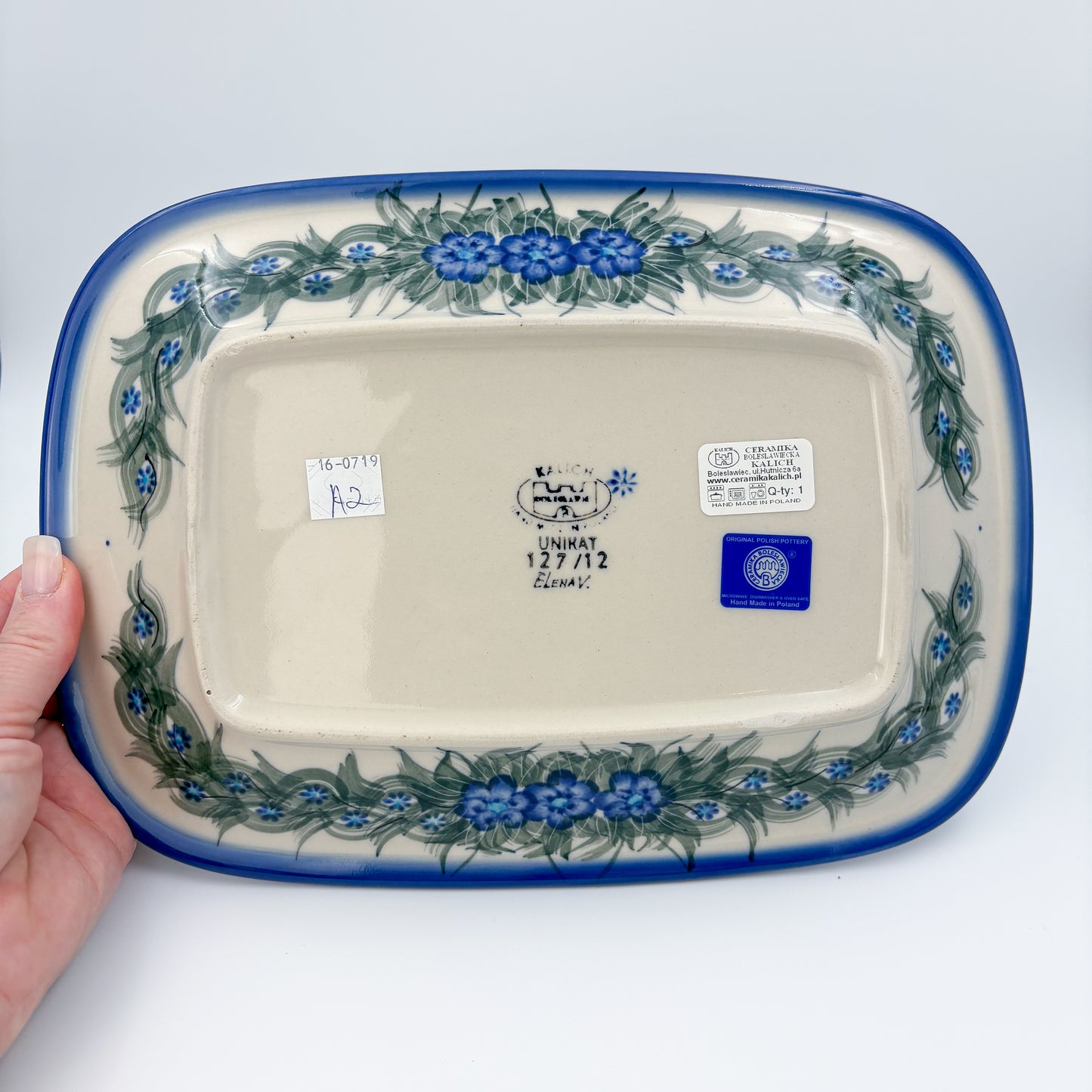 11" Medium Daria Platter.  Hand crafted Polish pottery stoneware: UNIKAT Forget Me Knot Pansy
